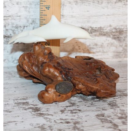 VTG John Perry Dolphin Lovers Gift Sculpture Mom Baby on Burl Wood Figurine