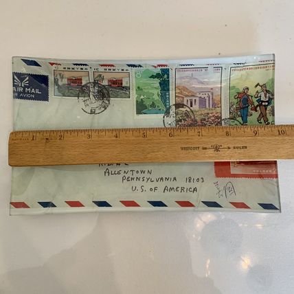 Heidi Rodale Glass Decoupage Tray "Postage Stamps" Robert Rodale Signed 2007 10"