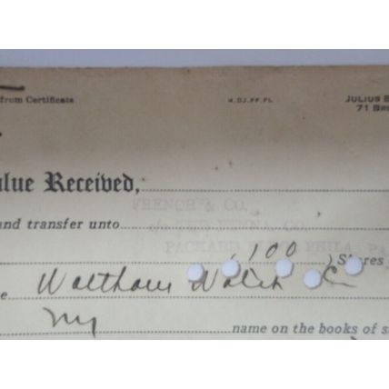 Vintage 1946 Certificate 100 Shares Waltham Watch Co , Signed, 20.5 x 30.5 cm