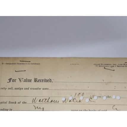 Vintage 1946 Certificate 100 Shares Waltham Watch Co , Signed, 20.5 x 30.5 cm