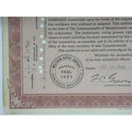 Vintage 1946 Certificate 100 Shares Waltham Watch Co , Signed, 20.5 x 30.5 cm