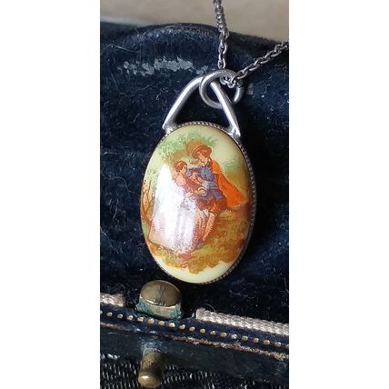 Antique Vintage Late Edwardian Sterling Silver Hand Painted Pendant on Chain.