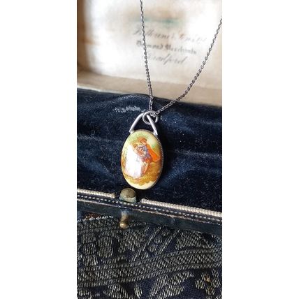 Antique Vintage Late Edwardian Sterling Silver Hand Painted Pendant on Chain.