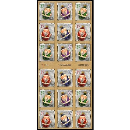 Christmas Ornament Booklet Pane of Eighteen 37 Cent Postage Stamps Scott 3894b