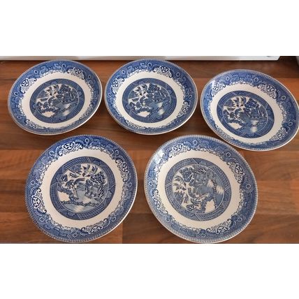 5 VINTAGE Tea Cup Saucers Willow pattern blue white 5 1/2 inch Washington