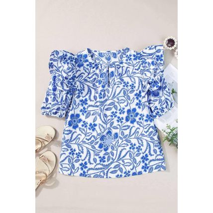 Dark Blue Floral Print Ruffled Bubble Sleeve Blouse