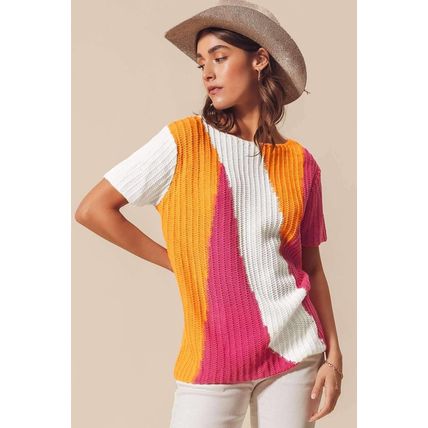 Orange Textured Knit Colorblock Short Sleeve Sweater