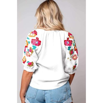White Floral Embroidered Ricrac Puff Sleeve Textured Blouse
