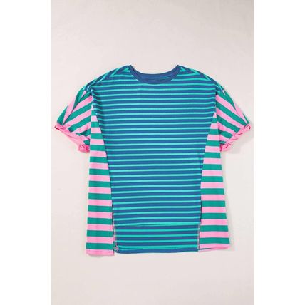 Blue Stripe Colorblock Patchwork Baggy T Shirt