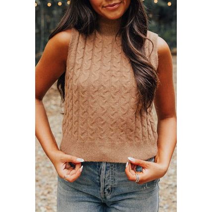 Light French Beige Solid Color Cable Knit High Neck Tank Top