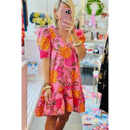 Pink Floral Bubble Sleeve V Neck Ruffled Mini Dress