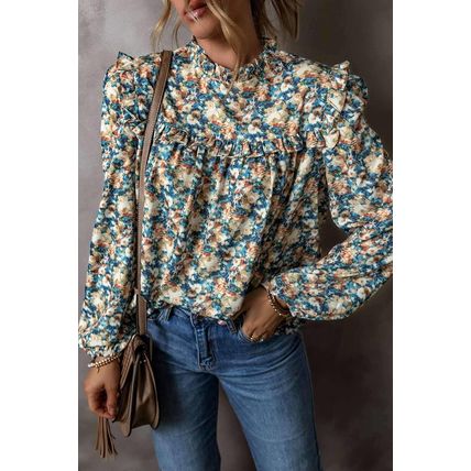 Sky Blue Floral Print Frilled Mock Neck Puff Sleeve Blouse