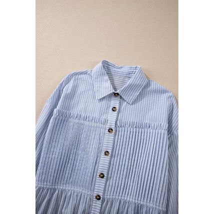 Sky Blue Stripe Ruffled Button up Long Sleeve Shirt