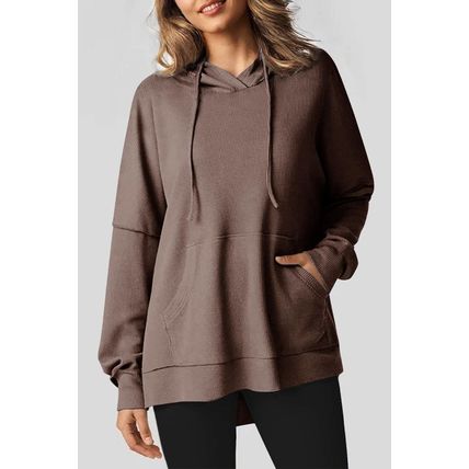 Coffee Waffle Knit Fleece Lined High Low Oversized Hoodie