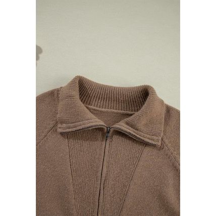 Brown Western Printed Ribbed Trim Collared Zip up Cardigan