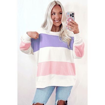 Beige Colorblock Patchwork Drop Shoulder Crewneck Sweatshirt