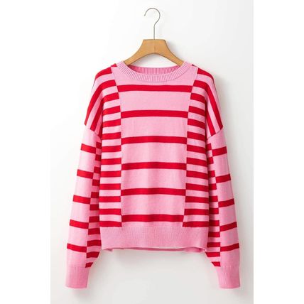 Pink Stripe Bubble Sleeve Drop Shoulder Ribbed Trim Sweater