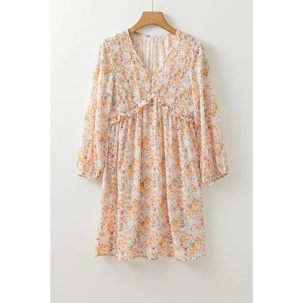 Yellow Boho Floral V Neck Ruffled Empire Waist Long Sleeve Mini Dress