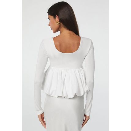 White U Neck Long Sleeve Bubble Hem Top