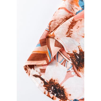 Orange Floral Print Shirred Cuff Buttoned Loose Shirt