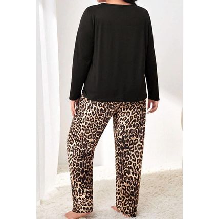Black Leopard Patched Pocket Long Sleeve Top Plus Size Pants Set
