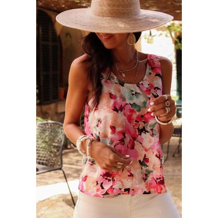 Pink Floral Round Neck Twisted Cut Out Back Tank Top