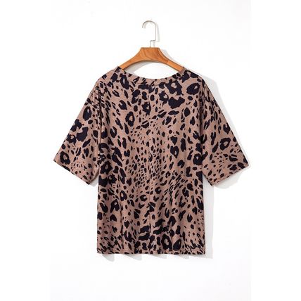 Brown Leopard Print V Neck Half Sleeve Oversized Tee