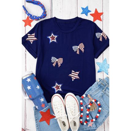 Blue Sequin USA Flag Bow Star Graphic Crewneck T Shirt