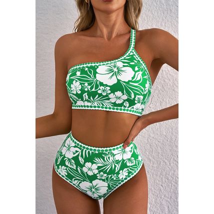 Green Floral Print One Shoulder High Waist Bikini Set