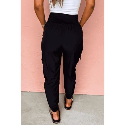 Black Elastic High Waist Pocketed Cargo Jogger Pants