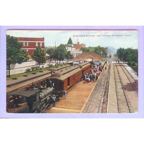 MI Petoskey Suburban Station & Trains View Down Tracks Steam Engine Passen~53