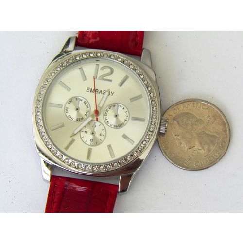 BOLD FACED EMBASSY JEWEL BEZEL QUARTZ WATCH RED PATENT LEATHER STRAP