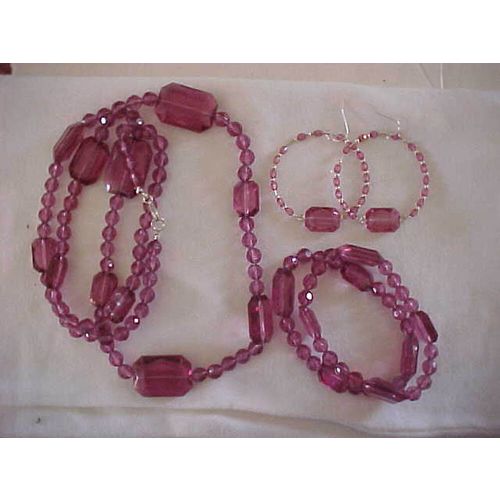 Rose Necklace SET 4 Hoop Pierced Earrings Faceted Beads Stretch Bangles