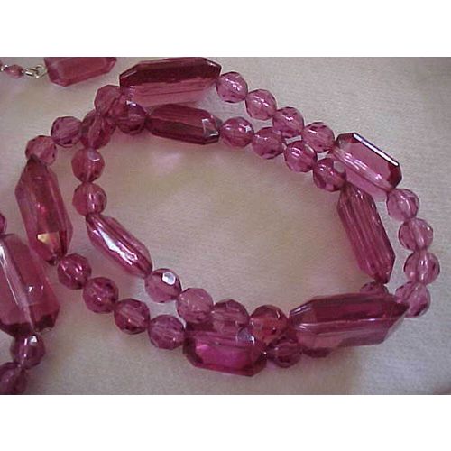 Rose Necklace SET 4 Hoop Pierced Earrings Faceted Beads Stretch Bangles