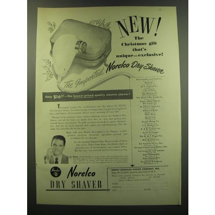 1949 Norelco Dry Shaver Ad - New! The Christmas gift that's unique - exclusive!