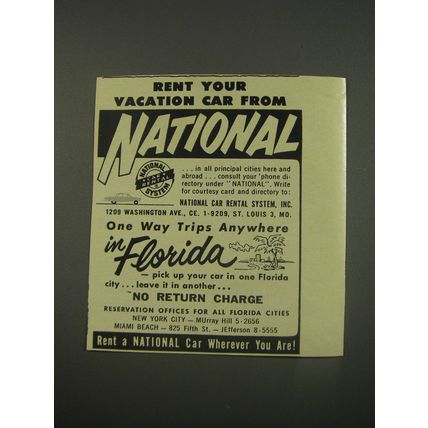 1956 National Car Rental Ad - Rent your vacation car from National