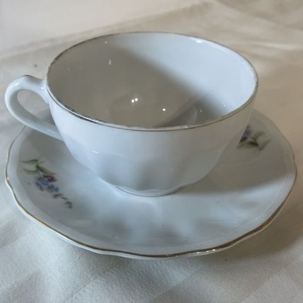 VTG Bone China Japan Tea Cup & Saucer Floral Scene Purple/Blue/White/Gold Trim