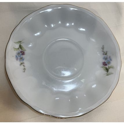 VTG Bone China Japan Tea Cup & Saucer Floral Scene Purple/Blue/White/Gold Trim