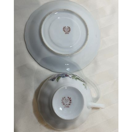 VTG Bone China Japan Tea Cup & Saucer Floral Scene Purple/Blue/White/Gold Trim