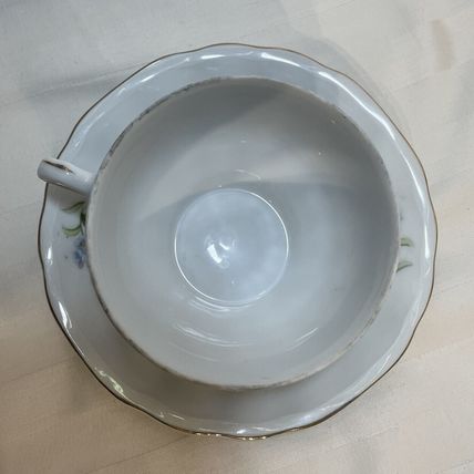 VTG Bone China Japan Tea Cup & Saucer Floral Scene Purple/Blue/White/Gold Trim