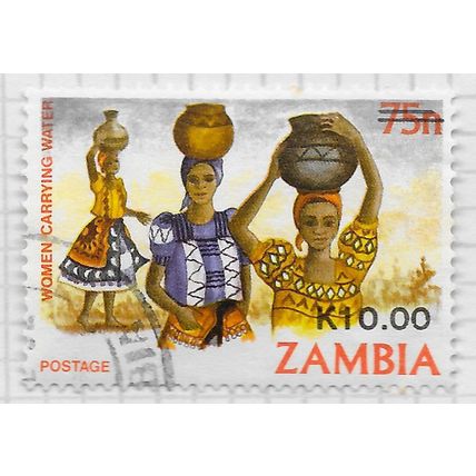 ZAMBIA 1989 WOMEN CARRYING WATER POTS ON HEADS SURCHARGE K10.00 USED