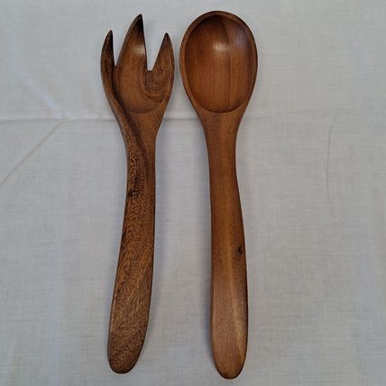 Wood SALAD SPOON & FORK Set Wooden Utensils Tong Server