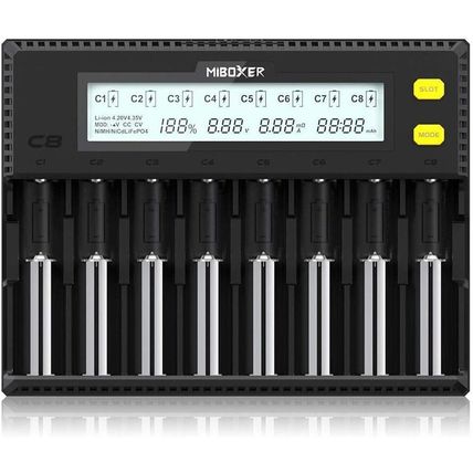 Miboxer 18650 Battery Charger, 8-Bay Smart Charger with Automatic LCD Display, F