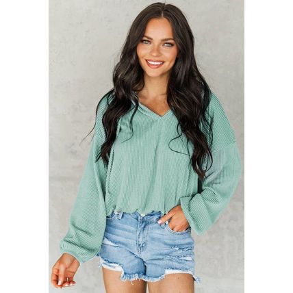Green Loose Fit Ribbed V Neck Hoodie