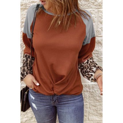 Leopard Long Sleeve Waffle Knit Orange Blouse with Twist Knot