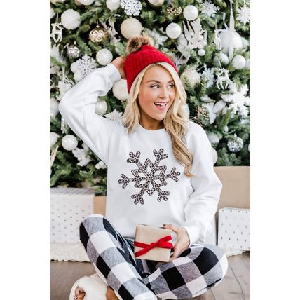 White Leopard Snowflake Pullover Sweatshirt