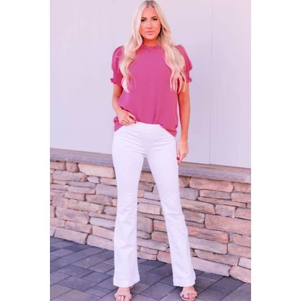 Rose Solid Color Smocked Puff Sleeve Blouse