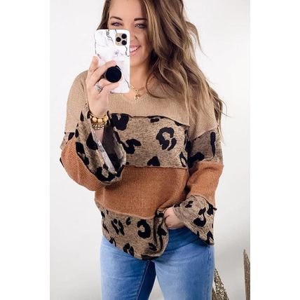 Leopard Colorblock Patchwork V-Neck Loose Sleeve Knit Top