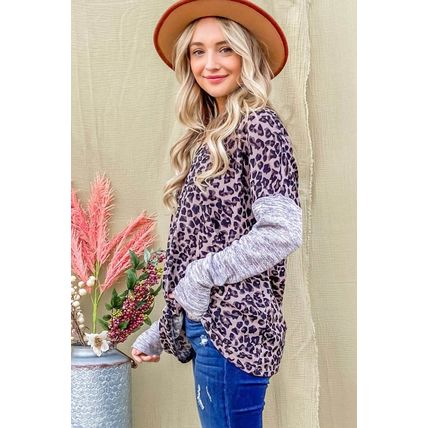 Leopard Print Drop Shoulder Patchwork Sleeve Top