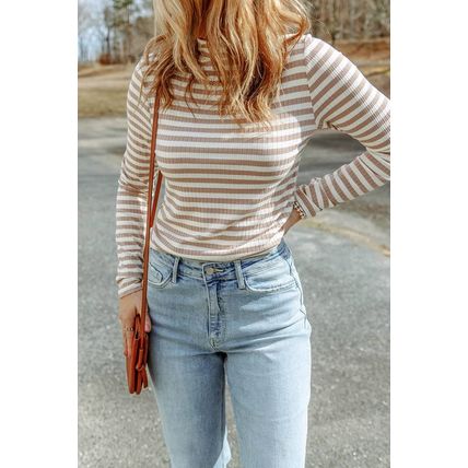 Striped Print Textured Knit Long Sleeve Tee